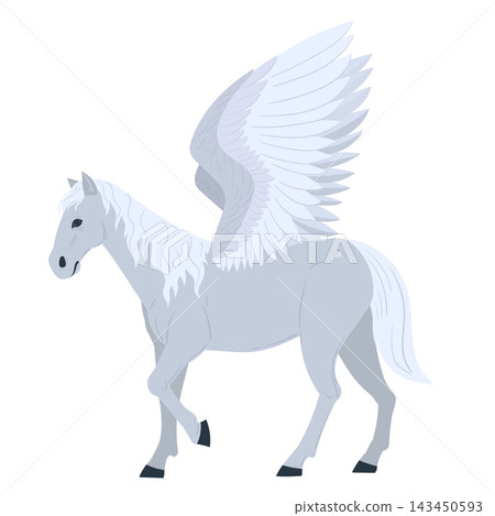Winged fantasy horse. Pegasus with feathered wings, beautiful fairy tale creature flat vector illustration. Mythical creature for fantasy design Winged fantasy horse. Pegasus with feathered wings, beautiful fairy tale creature flat vector illustration. Mythical creature for fantasy design 143450593