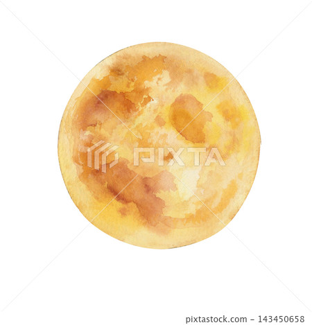 Golden Full Moon Watercolor Painting with Warm Yellow Orange Lunar Texture Isolated on White Background for Celestial Design Golden Full Moon Watercolor Painting with Warm Yellow Orange Lunar Texture Isolated on White Background for Celestial Design 143450658