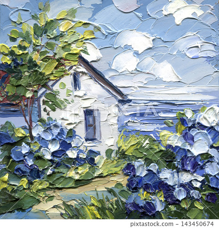 Coastal Cottage with Blue Hydrangeas by the Sea in textured impasto oil painting with white house garden path and summer landscape Coastal Cottage with Blue Hydrangeas by the Sea in textured impasto oil painting with white house garden path and summer landscape 143450674