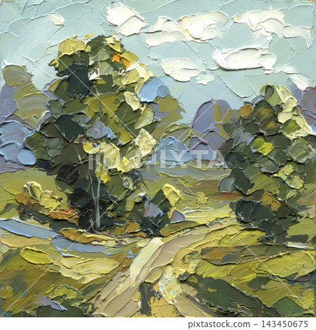 Country Path Through Green Trees and Rolling Fields under Soft Blue Sky in Textured Impasto Oil Painting for Rural Landscape Decor 143450675