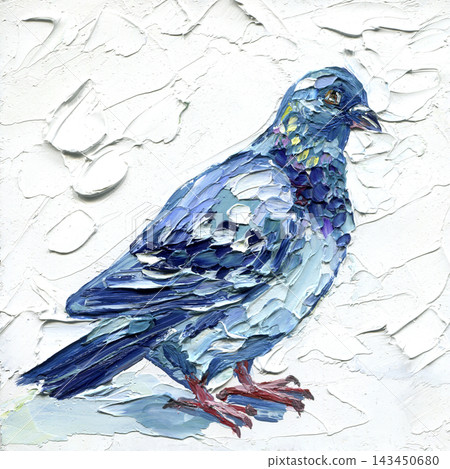 Blue Pigeon Bird Portrait on White Textured Background with Colorful Impasto Oil Painting for Urban Wildlife and Modern Wall Decor Blue Pigeon Bird Portrait on White Textured Background with Colorful Impasto Oil Painting for Urban Wildlife and Modern Wall Decor 143450680