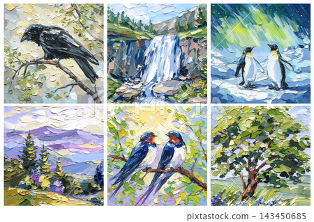 Impasto Oil Painting Set with Crow Waterfall Penguins Purple Mountains Swallows and Green Tree Palette Knife Collection Impasto Oil Painting Set with Crow Waterfall Penguins Purple Mountains Swallows and Green Tree Palette Knife Collection 143450685