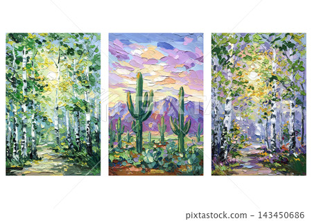 Impasto Landscape Painting Set with Birch Forest Paths and Desert Cactus Mountains in Soft Pastel Palette Knife Style Impasto Landscape Painting Set with Birch Forest Paths and Desert Cactus Mountains in Soft Pastel Palette Knife Style 143450686
