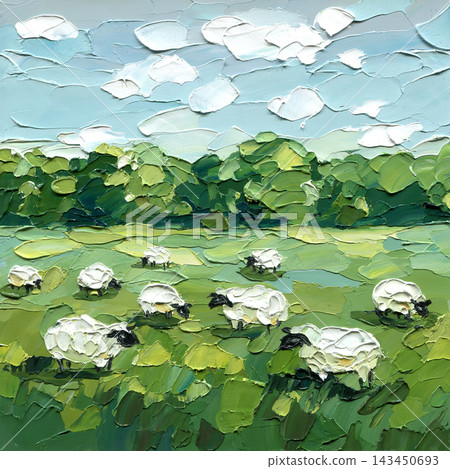 Sheep Grazing in Green Meadow with Rolling Hills and Blue Sky Summer Countryside Impasto Oil Painting with Palette Knife Texture Sheep Grazing in Green Meadow with Rolling Hills and Blue Sky Summer Countryside Impasto Oil Painting with Palette Knife Texture 143450693