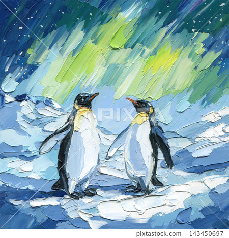 Two Penguins Beneath Aurora Sky Oil Painting with Antarctic Ice Blue Snow and Thick Palette Knife Texture for Stylish Winter Decor Two Penguins Beneath Aurora Sky Oil Painting with Antarctic Ice Blue Snow and Thick Palette Knife Texture for Stylish Winter Decor 143450697