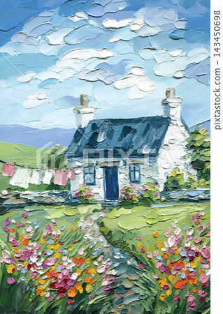 White Country Cottage with Blue Roof and Wildflower Garden in Summer Countryside Impasto Oil Painting with Palette Knife Texture White Country Cottage with Blue Roof and Wildflower Garden in Summer Countryside Impasto Oil Painting with Palette Knife Texture 143450698