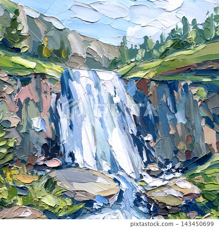 Mountain Waterfall in Green Valley with Rocky Cliffs and Pine Forest Impasto Oil Painting with Flowing Water and Knife Texture 143450699