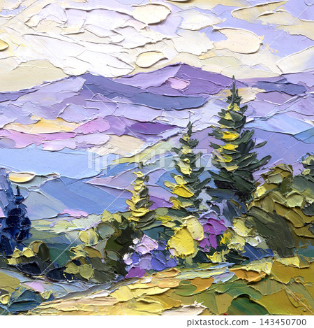 Purple Mountain Landscape with Evergreen Trees and Golden Light Impasto Oil Painting with Layered Peaks and Palette Knife Texture Purple Mountain Landscape with Evergreen Trees and Golden Light Impasto Oil Painting with Layered Peaks and Palette Knife Texture 143450700