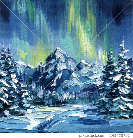 Snowy Mountain under Northern Lights with Pine Forest in Winter Impasto Oil Painting with Blue Green Aurora Palette Knife Texture Snowy Mountain under Northern Lights with Pine Forest in Winter Impasto Oil Painting with Blue Green Aurora Palette Knife Texture 143450702