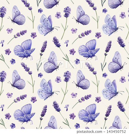 Purple butterflies lavender flowers watercolor seamless pattern on cream background for romantic fabric wallpaper and spring decor Purple butterflies lavender flowers watercolor seamless pattern on cream background for romantic fabric wallpaper and spring decor 143450752