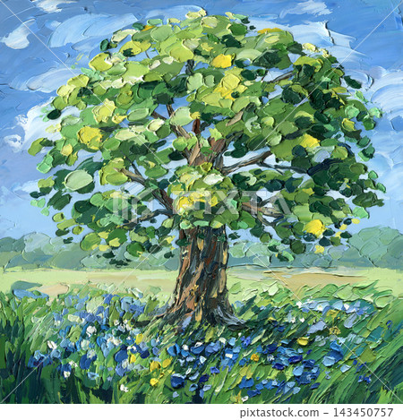 Oak tree in summer meadow with blue wildflowers textured impasto oil painting under bright sky for rustic nature wall decor design Oak tree in summer meadow with blue wildflowers textured impasto oil painting under bright sky for rustic nature wall decor design 143450757