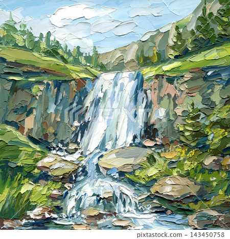Waterfall mountain landscape oil painting with green forest rocks blue stream and thick palette knife texture Waterfall mountain landscape oil painting with green forest rocks blue stream and thick palette knife texture 143450758