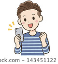 Daily life and communication material of a man in his 40s: Two-block haircut, making a victory pose while looking at his smartphone. 143451122