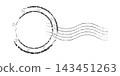 Round postal cancellation decorated with small stars and four smooth wavy lines. Distressed vintage black vector postmark isolated on white for postcards, letters, mail, and retro ephemera. 143451263