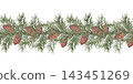 A garland of spruce branch and brown cones. Seamless border on forest or rustic style. Hand-drawn watercolor illustration, isolated on a white background. Perfect for Christmas, New Year holiday decor 143451269