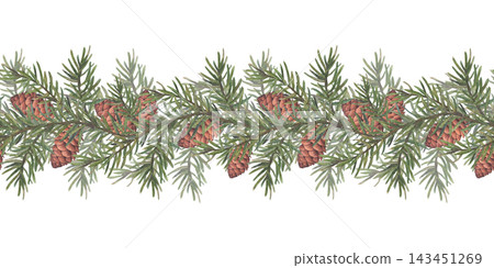 A garland of spruce branch and brown cones. Seamless border on forest or rustic style. Hand-drawn watercolor illustration, isolated on a white background. Perfect for Christmas, New Year holiday decor A garland of spruce branch and brown cones. Seamless border on forest or rustic style. Hand-drawn watercolor illustration, isolated on a white background. Perfect for Christmas, New Year holiday decor 143451269