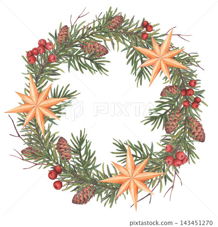 Christmas wreath of lush spruce branches with cones, decorated with golden stars and rowan berries. Hand-drawn watercolor illustration isolated on a white background. Perfect for holiday cards, decor 143451270