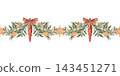 A Christmas garland of spruce branches and evergreen leaves, decorated with bows, red glass icicles, and gold stars. Seamless border. Hand-drawn watercolor illustration isolated on a white background 143451271