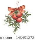 Red Christmas jingle bells on spruce branches with an orange ribbon bow. Hand-drawn watercolor illustration isolated on a white background. Ideal for Christmas greeting cards, winter packaging design 143451272