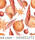 Seamless pattern with vintage ornaments. Red icicles, gold baubles, stars, and walnuts on a white background. Hand-drawn watercolor illustration. Ideal for wrapping paper, fabric, and textile design 143451273