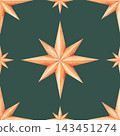 Christmas seamless pattern with vintage gold eight-pointed stars of different size . Hand-drawn watercolor illustration, isolated on dark green background. Ideal for holiday wrapping paper, textiles. 143451274