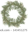 A fluffy Christmas wreath made of dense spruce branches. A round frame with space for text. Hand-drawn watercolor illustration isolated on a white background. Ideal for holiday winter cards, posters. 143451275