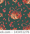 Seamless pattern with traditional sushki (bagel), poppy seeds, rowan berries, and red ribbon on a green background. Watercolor illustration. Perfect for design of textile, wrapping paper, wallpaper. 143451276