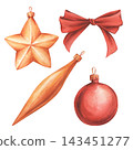 Set of Christmas tree ornaments in retro style. A golden five-pointed star, a red glass bauble, a golden icicle, and a red festive bow. Hand-drawn watercolor illustration. Ideal for New Year's decor 143451277