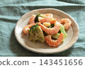 Shrimp and broccoli with basil dressing 143451656