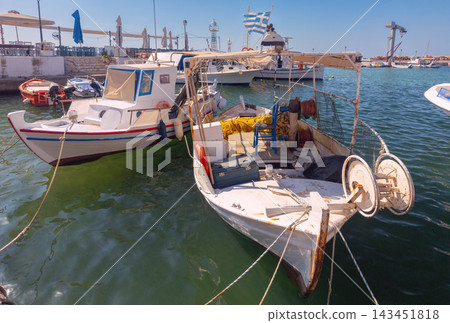 Traditional Fishing Boat in Chania Harbor, Crete, Greece Traditional Fishing Boat in Chania Harbor, Crete, Greece 143451818