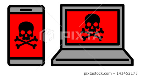 Smartphone and computer icons displaying a skull warning; security risk image. Smartphone and computer icons displaying a skull warning; security risk image. 143452173