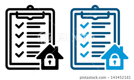 Checklist and home and key security check icons: Business material representing home security and safety management. Checklist and home and key security check icons: Business material representing home security and safety management. 143452181