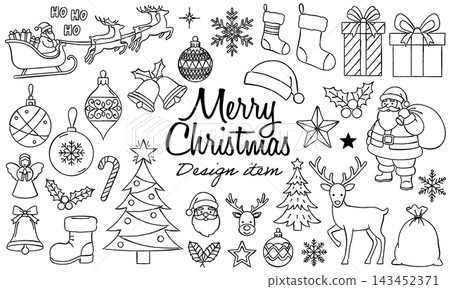 A set of simple and stylish hand-drawn line art illustrations with Christmas motifs (Santa Claus, Christmas tree, reindeer). A set of simple and stylish hand-drawn line art illustrations with Christmas motifs (Santa Claus, Christmas tree, reindeer). 143452371