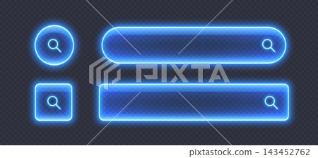 Blue neon search magnifying glass icons and banners with luminous outline Blue neon search magnifying glass icons and banners with luminous outline 143452762
