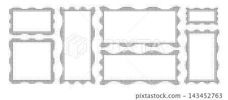 Halftone wavy frames with scalloped edges and curvy borders. Black elegant decorative stamps and vintage labels. Halftone wavy frames with scalloped edges and curvy borders. Black elegant decorative stamps and vintage labels. 143452763