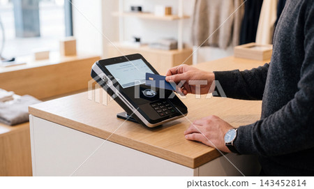 Customer paying with a credit card at a retail store checkout counter terminal transaction checkout purchase business merchant customer commerce technology electronic interaction consumer Customer paying with a credit card at a retail store checkout counter terminal transaction checkout purchase business merchant customer commerce technology electronic interaction consumer 143452814