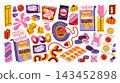 Colorful hand drawn illustrations of various sweets and chewing gums. Wrapped and packaged sweets, bubble gums, gummy candies, toffees, lollipops, desserts, candy strips, jelly fruity and mint treats. 143452898