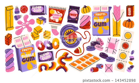 Colorful hand drawn illustrations of various sweets and chewing gums. Wrapped and packaged sweets, bubble gums, gummy candies, toffees, lollipops, desserts, candy strips, jelly fruity and mint treats. Colorful hand drawn illustrations of various sweets and chewing gums. Wrapped and packaged sweets, bubble gums, gummy candies, toffees, lollipops, desserts, candy strips, jelly fruity and mint treats. 143452898