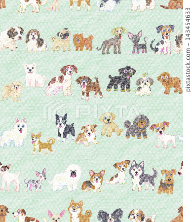 A seamless pattern of cute dogs drawn in a crayon style. (Dusty Sage) A seamless pattern of cute dogs drawn in a crayon style. (Dusty Sage) 143454633