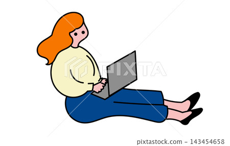 Flat vector illustration of a young woman sitting on the floor and using a laptop. Flat vector illustration of a young woman sitting on the floor and using a laptop. 143454658