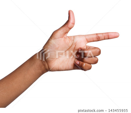 Black female hand pointing on virtual object with index finger, isolated on a white background, closeup, copy space Black female hand pointing on virtual object with index finger, isolated on a white background, closeup, copy space 143455935