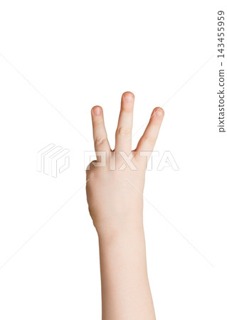 Kid hand shows number three isolated. Counting, enumeration, white studio background. Kid hand shows number three isolated. Counting, enumeration, white studio background. 143455959