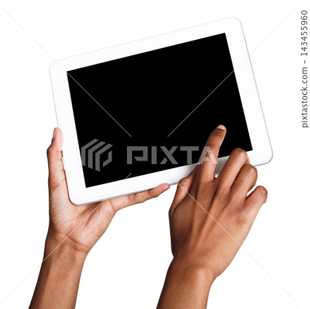 Holding and pointing to blank screen on digital tablet. African-american female hands using device with blank screen, copy space for advertisement, isolated on white background Holding and pointing to blank screen on digital tablet. African-american female hands using device with blank screen, copy space for advertisement, isolated on white background 143455960