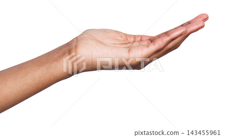 Holding or offering. Outstretched female hand, african-american woman keeping empty palm on white isolated background Holding or offering. Outstretched female hand, african-american woman keeping empty palm on white isolated background 143455961