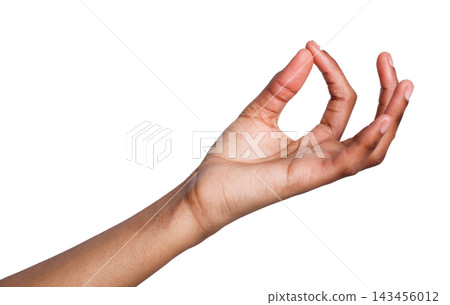 Female hand picking up or holding some items on white isolated background, cutout, copy space 143456012