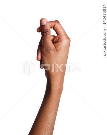 Female african-american hand knocking isolated on white background. Black woman gesturing, closeup, copy space 143456014