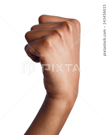 Fight hand gesture. Black woman clenched fist, ready to punch, isolated on white, closeup, copy space Fight hand gesture. Black woman clenched fist, ready to punch, isolated on white, closeup, copy space 143456015