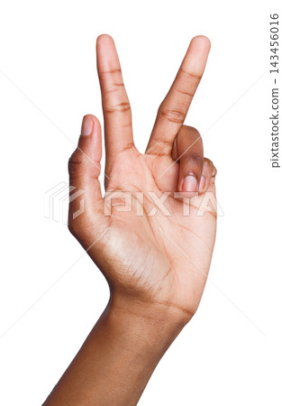 Black female hand shows number three isolated. Counting gesturing, enumeration, white background Black female hand shows number three isolated. Counting gesturing, enumeration, white background 143456016