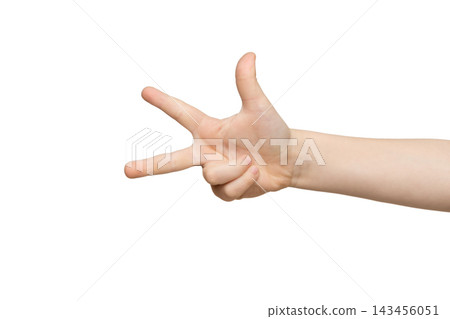 Kid hand shows number three isolated. Counting, enumeration, white studio background. Kid hand shows number three isolated. Counting, enumeration, white studio background. 143456051