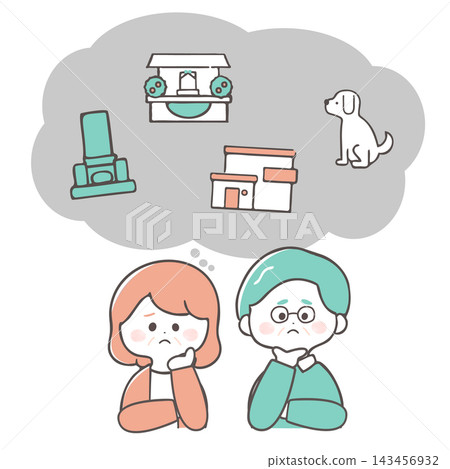 Japanese middle-aged couple worried about end-of-life planning | Cute hand-drawn illustrations Japanese middle-aged couple worried about end-of-life planning | Cute hand-drawn illustrations 143456932